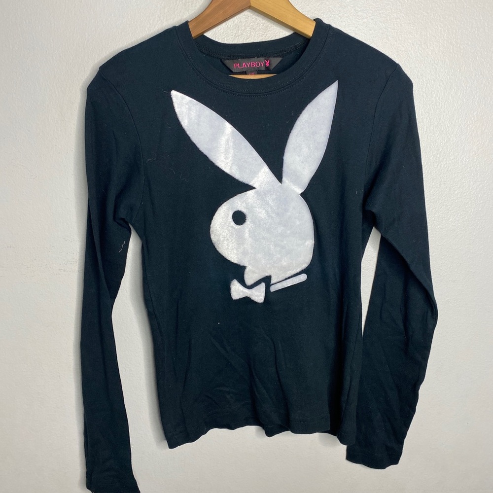 Playboy Logo Women’s Crew Neck Long Sleeve Tee T-Shirt Black B45 Fuzzy Logo Sz L